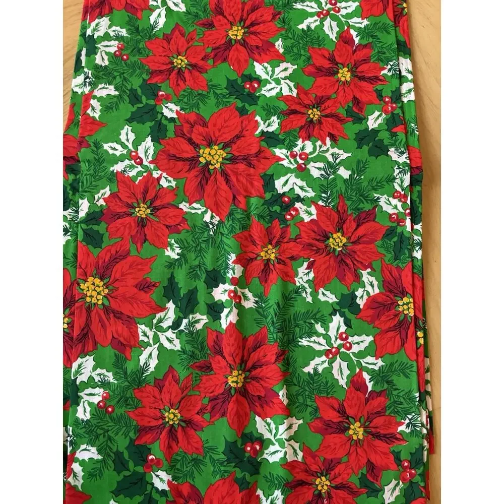 Vtg Christmas Fabric Poinsettia Green Red Holly 112x58 Cotton Uncut 3 Yds New